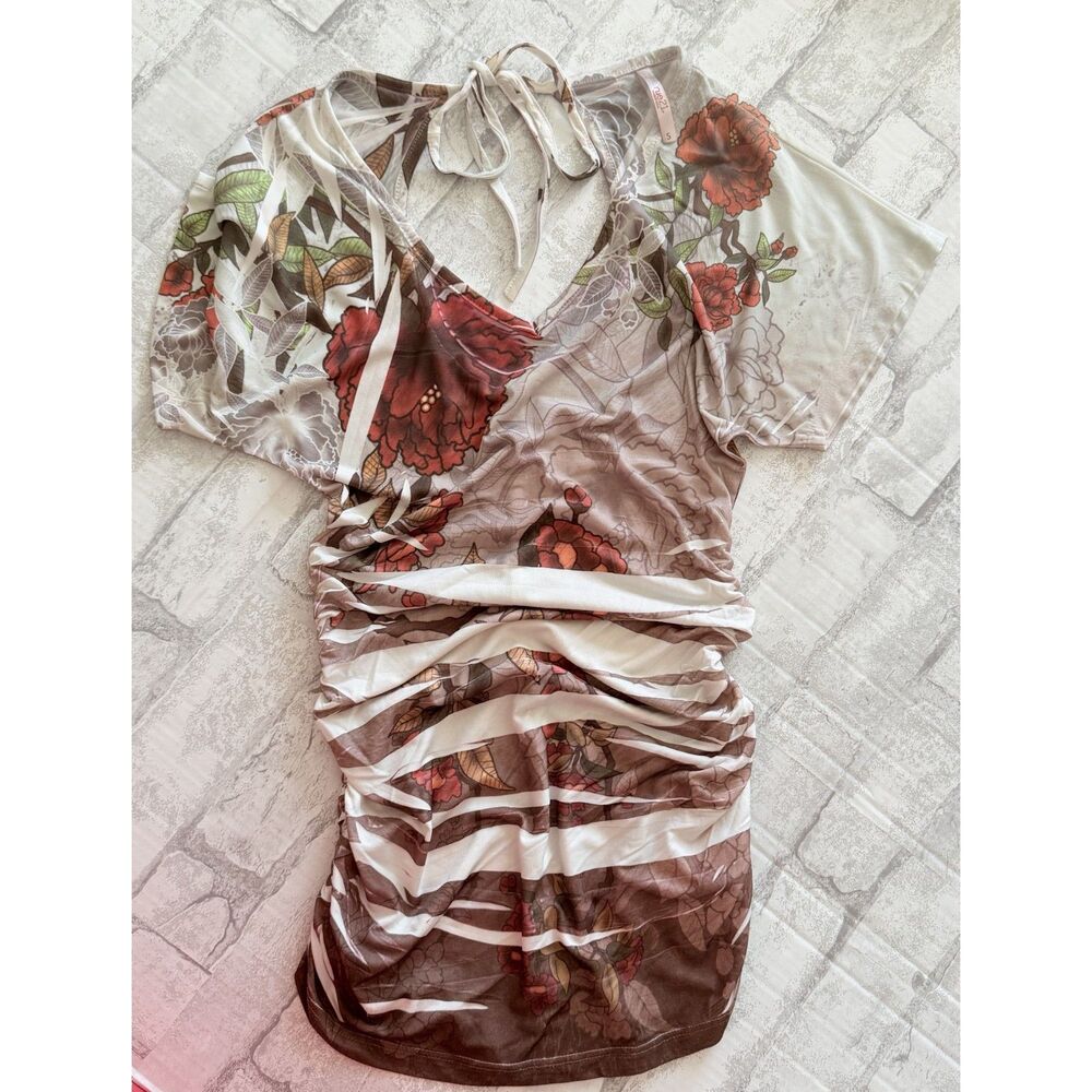 Rue 21 Y2K V-Neck Lightweight Short Sleeve Ruched Side Floral Tunic Top S